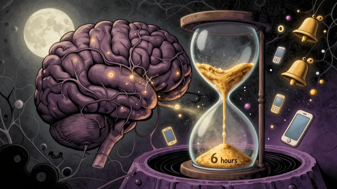 Průřez dětského mozku s rozpadajícími se nervovými cestami a hodinami, které odčerpávají spánek.