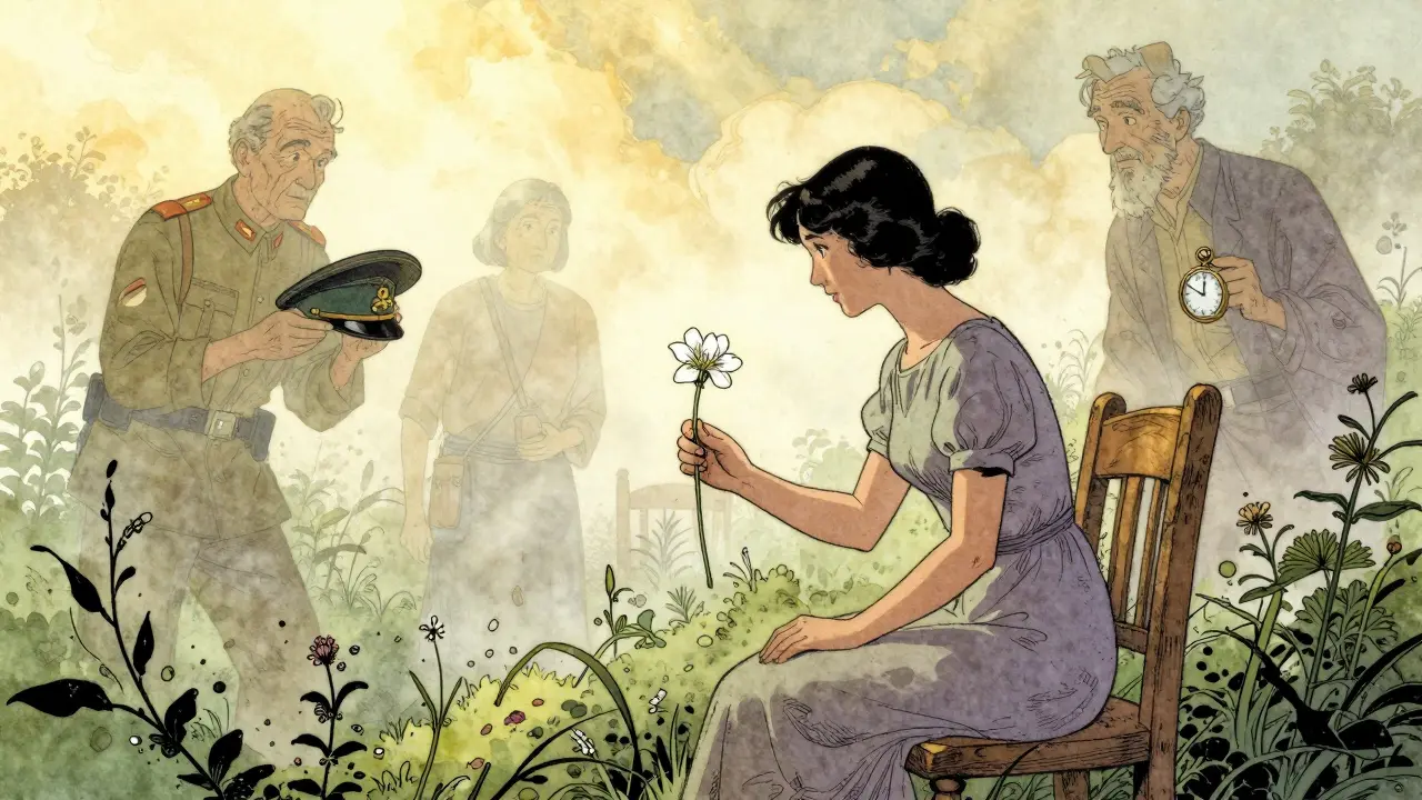 Rituál uznání: žena klade květinu na prázdný židle pro zapomenutého příbuzného.