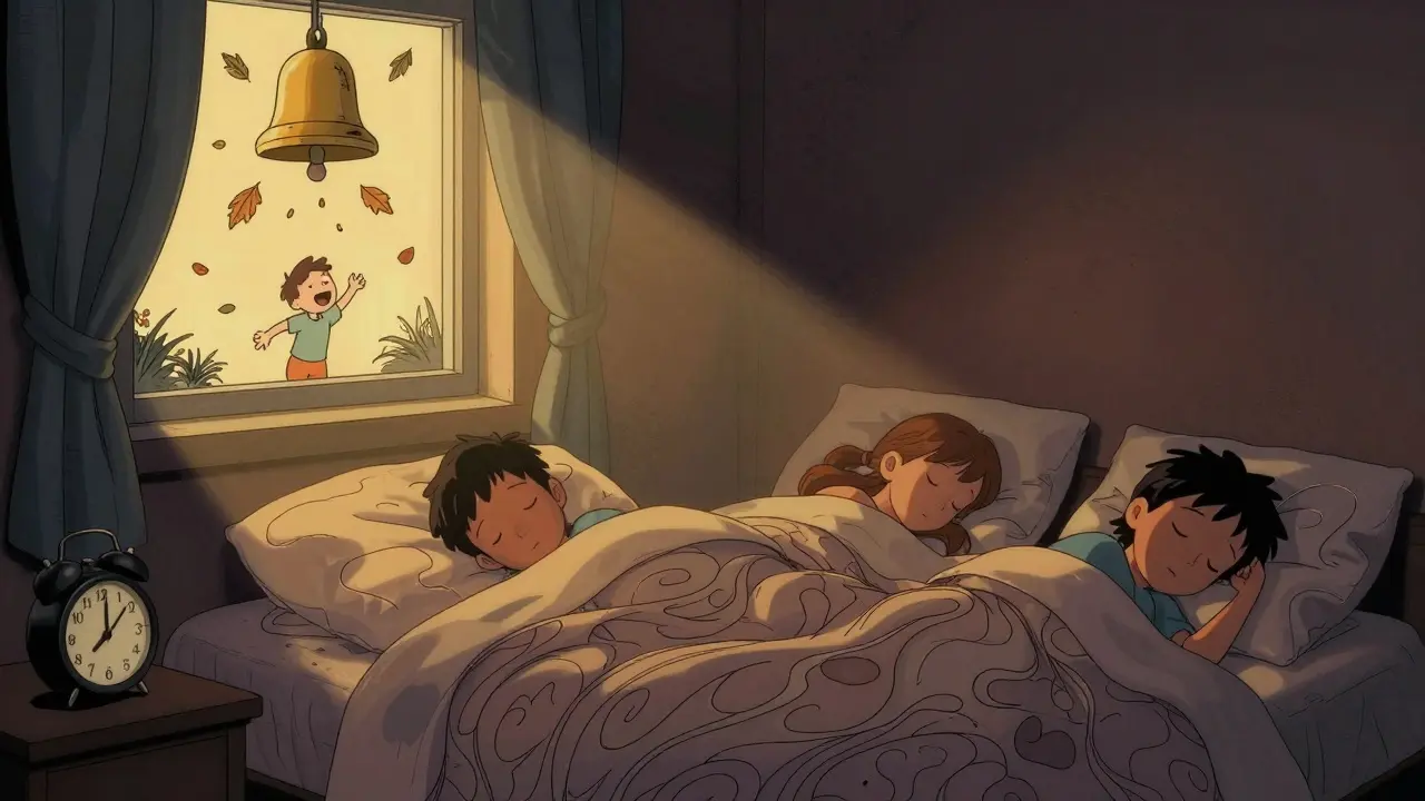 Rodina klidně spí v klidné ložnici při jemném ranním světle, hodiny ukazují 8:30.