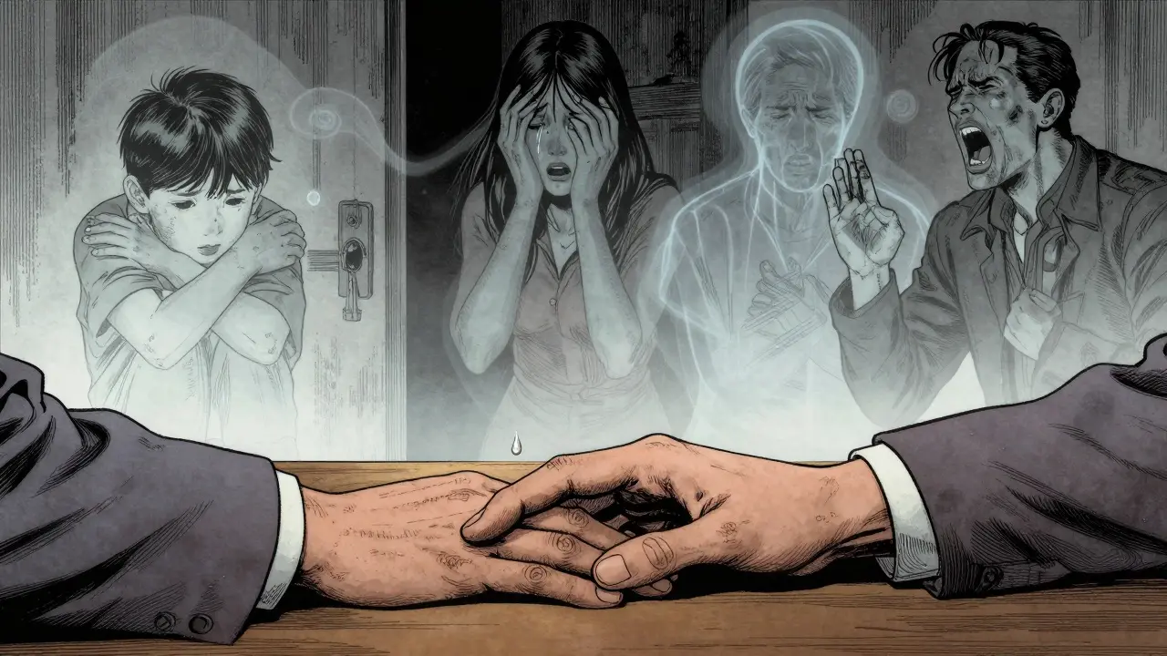 Ruce terapeuty na stole, kape kapka slzy, kolem plavají stíny traumatu bez tváří.