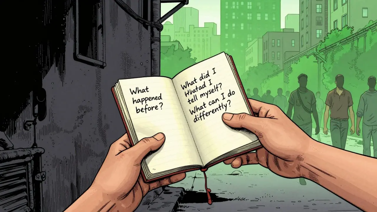 Ruka v temnotě předává sešit s otázkami pro překonání relapsu, za nimi se objevuje obnova.