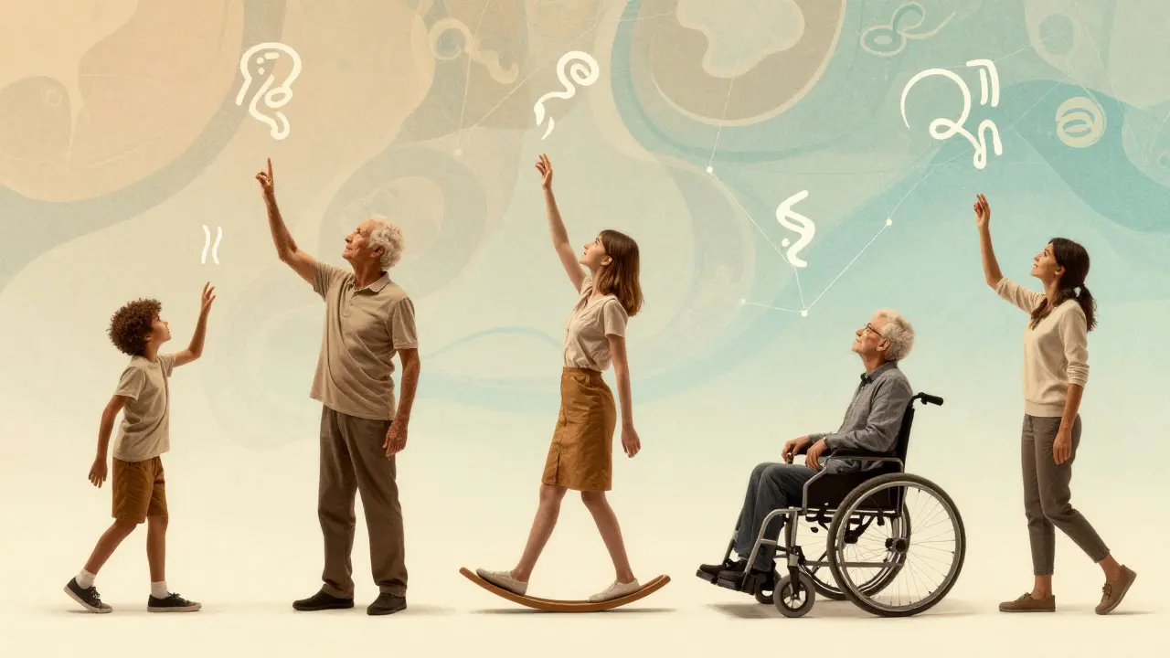 Různí lidé se pohybují různými způsoby, kolem nich plavou symboly spojení.