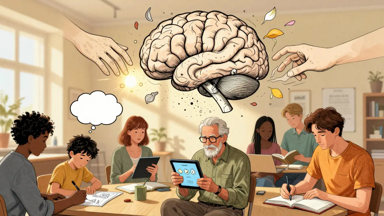 Různí lidé v centru s nástroji pro KBT, nad nimi se transformuje mozek do světla.