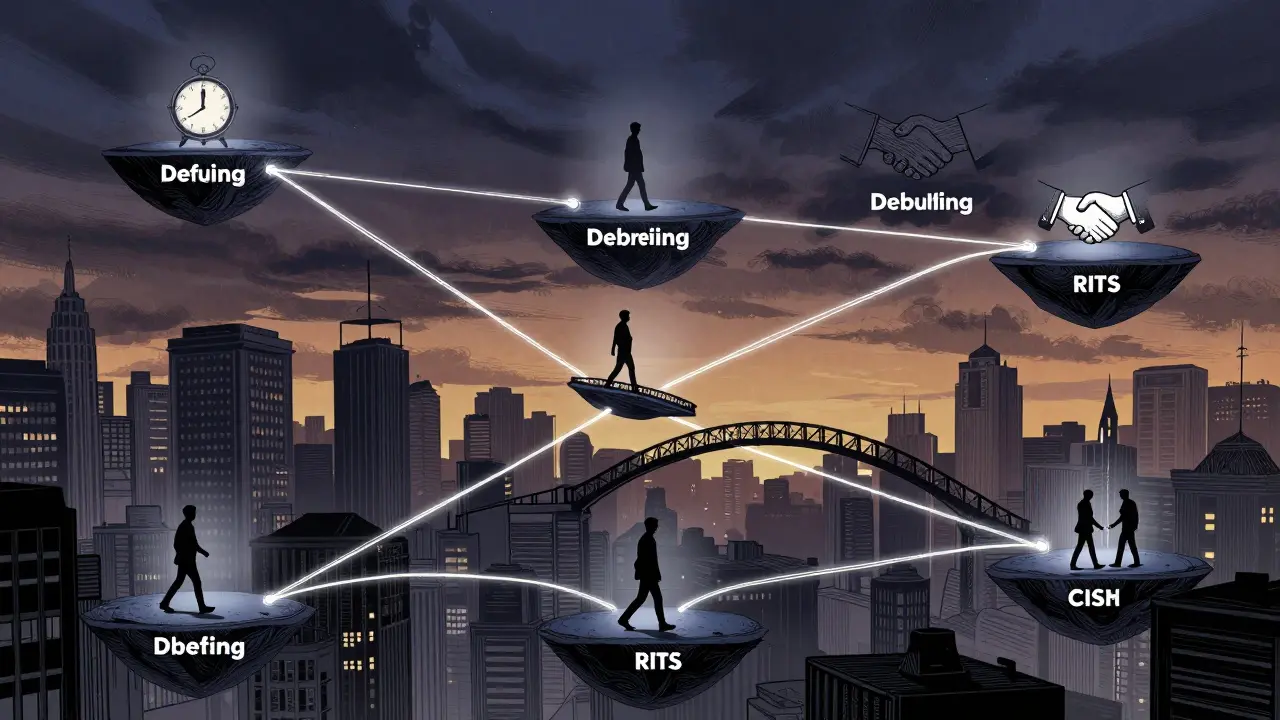 Sedm kroků CISM je znázorněno jako spojené platformy v bouřlivém městě.