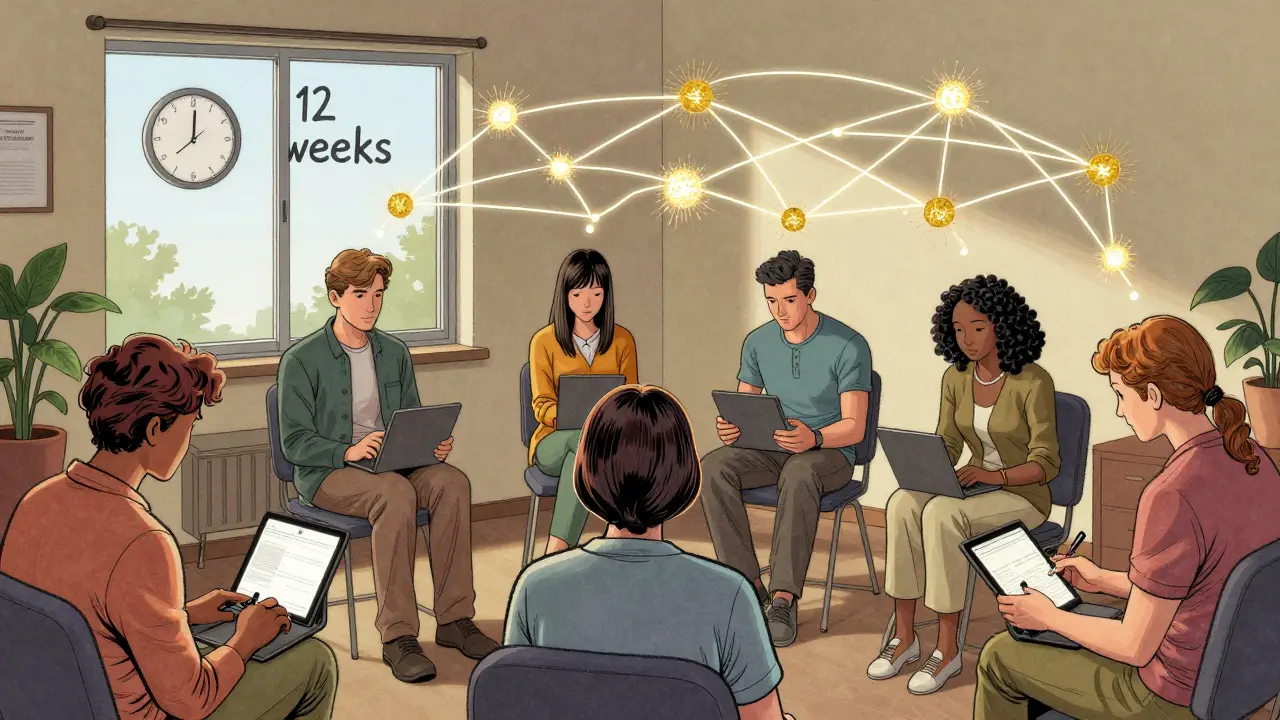 Skupina lidí cvičí společně v terapeutickém prostředí, jejich myšlenky jsou propojeny světelnými linkami.