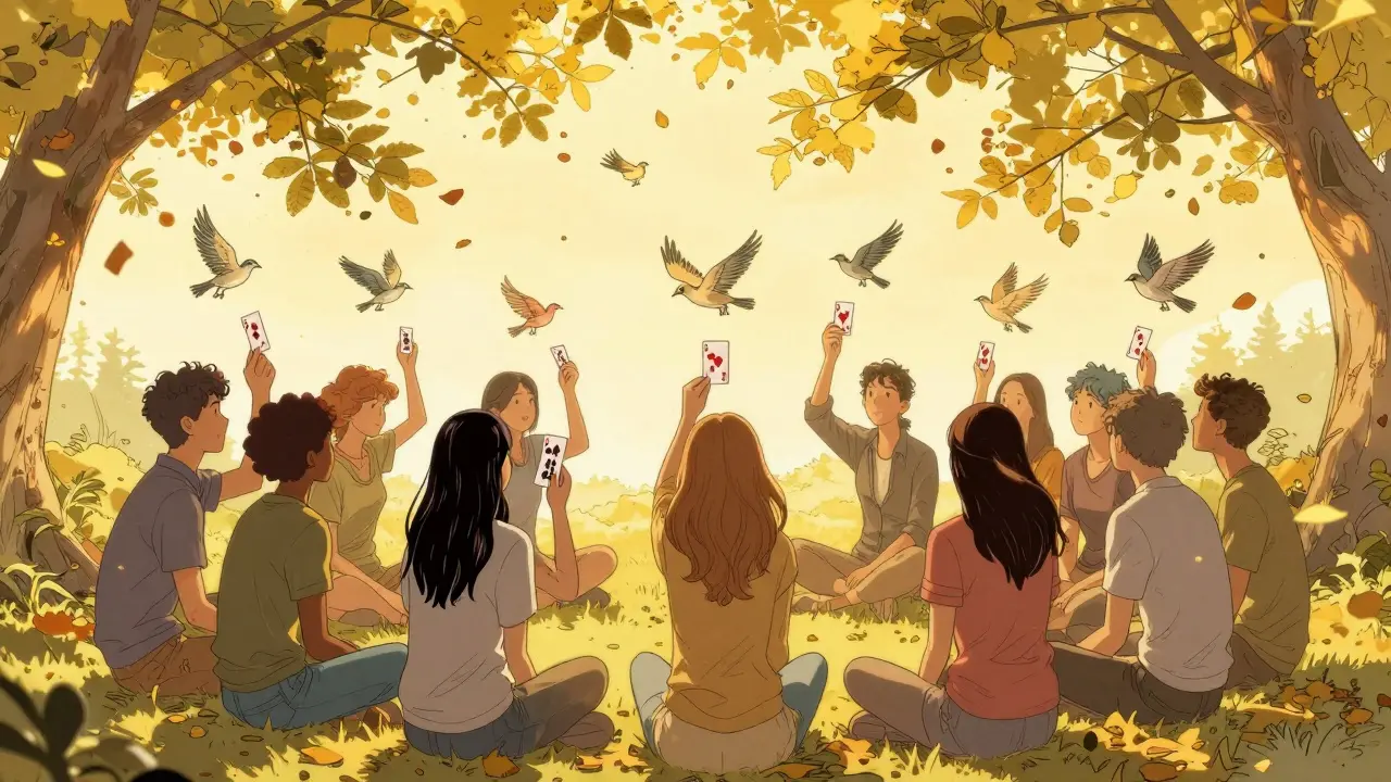 Skupina lidí sedí v kruhu, jejich hrací karty se mění v ptáky, kteří létají do nebe mezi padajícími listy.