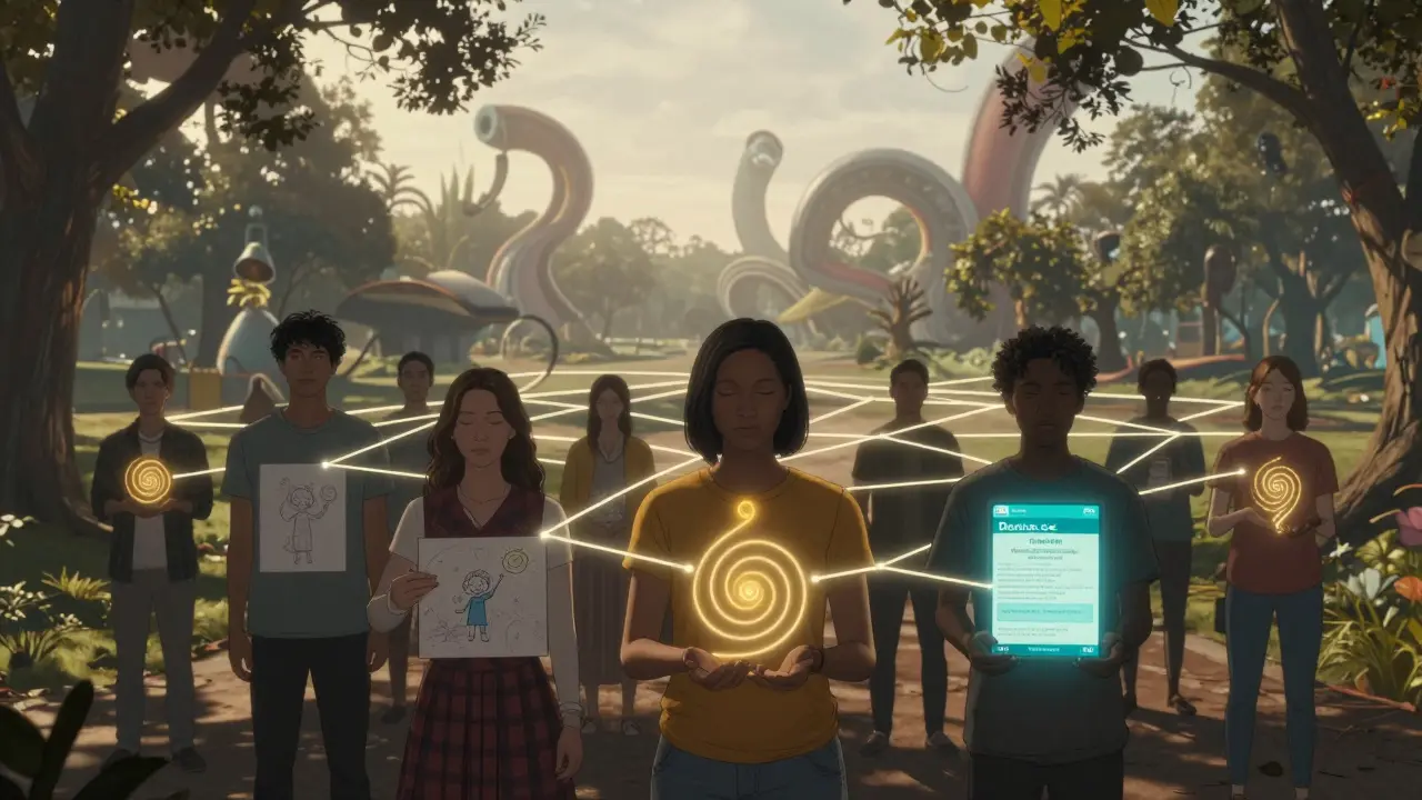 Skupina lidí v parku drží symboly podpory – Reiki, dětský kreslený obrázek, sbírku na Donio.cz, spojení světelnými nitěmi.