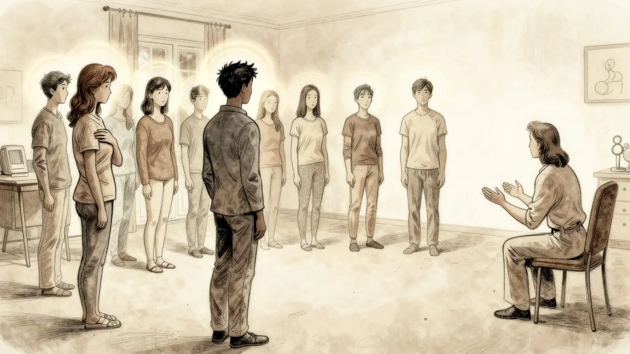 Skupinová rodinná konstelace s účastníky cítícími neviditelné tlaky minulosti.