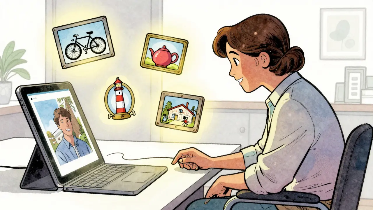 Terapeut a klient společně procházejí digitální fotografie z minulosti během online sezení.