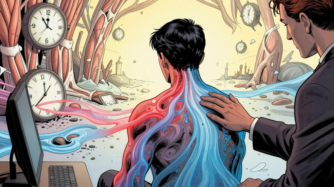 Terapeut a klient v klidném prostředí, tělo klienta prochází vlnami energie v barvách napětí a klidu.