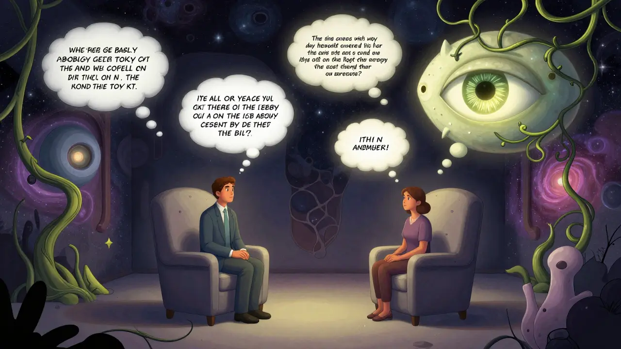 Terapeut a klient v prostoru, kde kritické myšlenky přeměňují v klidné větve.