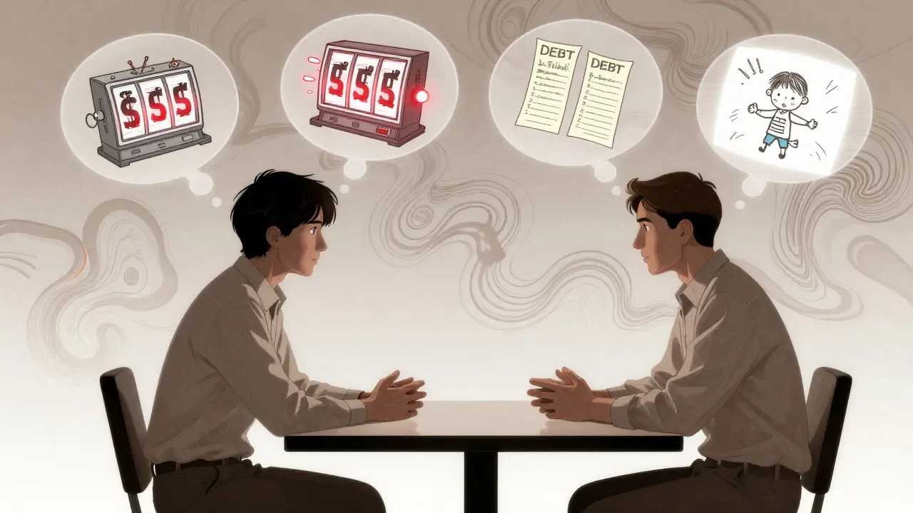 Terapeut a pacient sedí proti sobě, nad pacientem se objevují představy hazardu a rodinných vzpomínek.