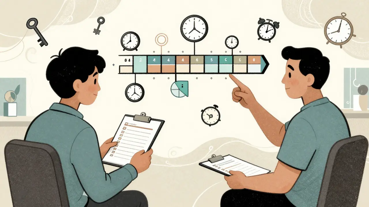 Terapeut a pacient společně analyzují plán dne s vizuálními nástroji jako časové bloky a checklisty.