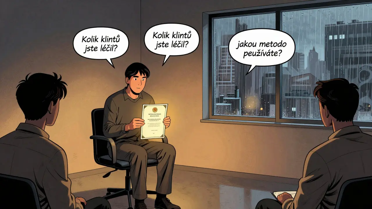 Terapeut drží certifikát, klient klade konkrétní otázky v tiché kanceláři.