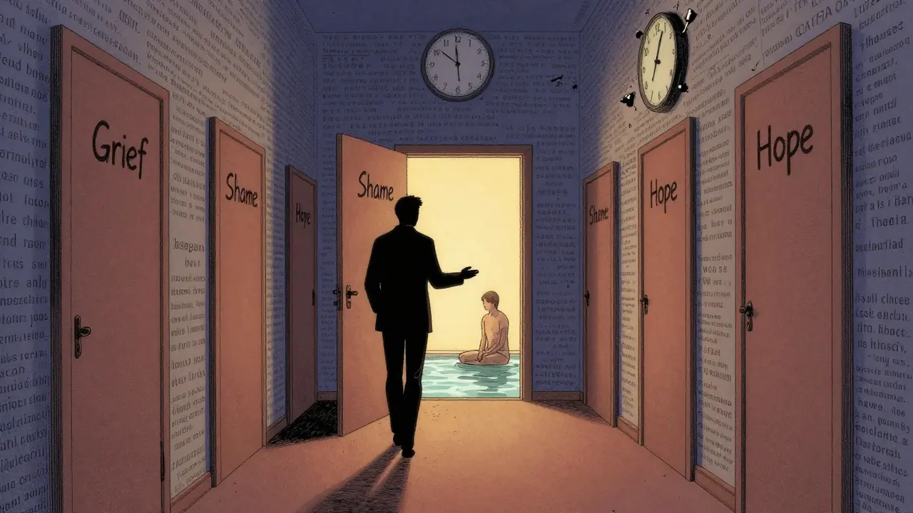 Terapeut v surrealním chodbě s dveřmi označenými emocemi, za jedněmi dveřmi klient v zlatém světle.