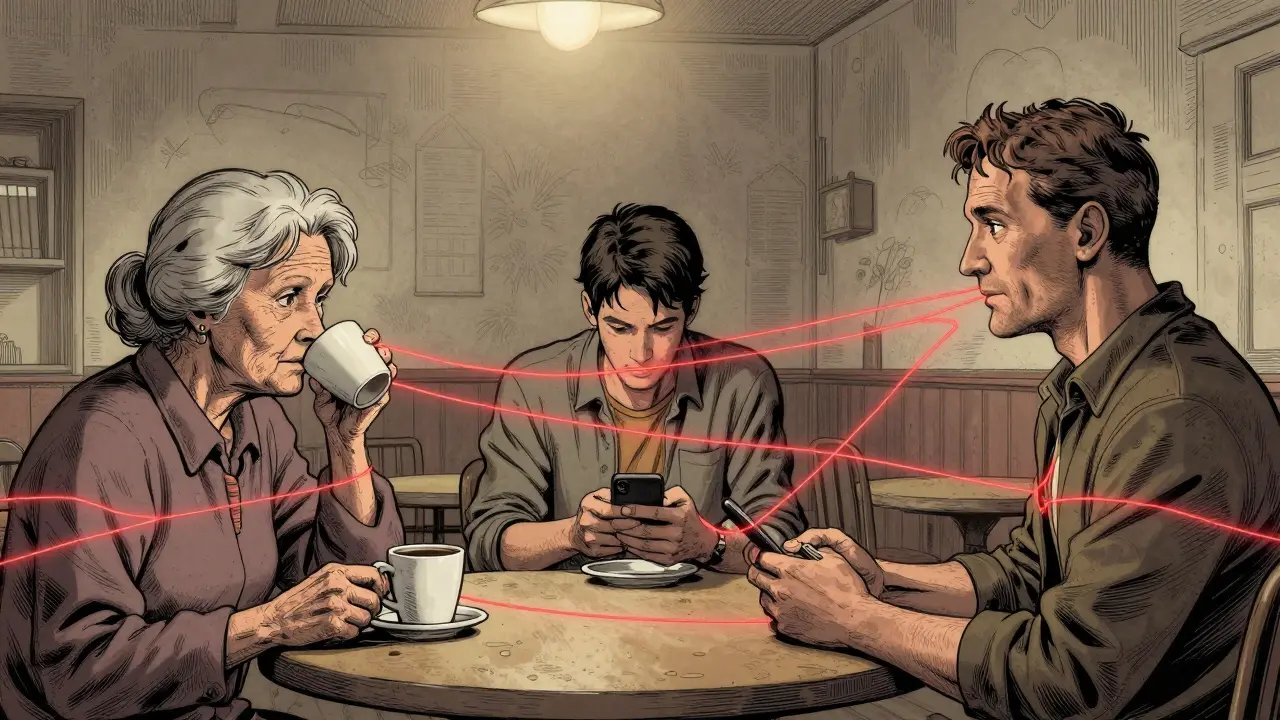 Tři generace Čechů v tichém společenském centru, všichni odděleni i přes blízkost, světlo z jedné žárovky.