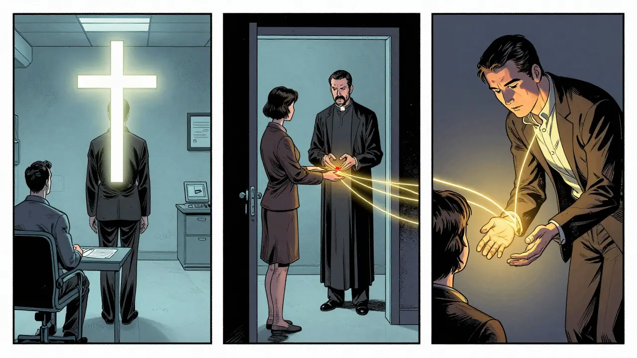 Tři panely znázorňující vývoj terapeuta od odmítání přes odvádění k integraci duchovních témat.