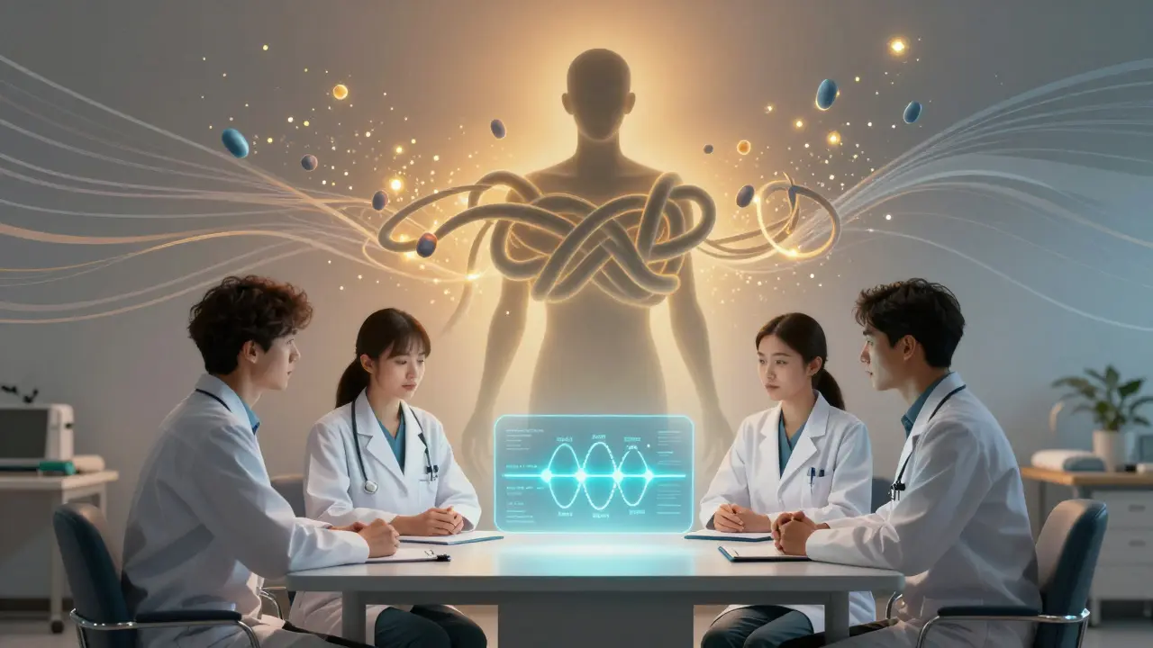 Tým lékařů pracuje na obnově spánku pacientky s poruchou příjmu potravy, symbolizovaným zlatými částicemi.