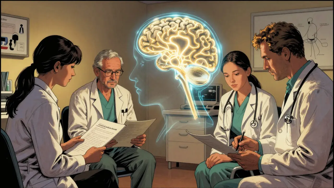 Tým lékařů v klinice analyzuje diagnózu autistického spektra s náznakem mozkových cest.