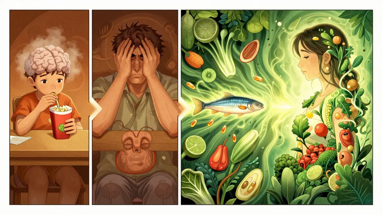 Vývojová příběhová scéna: od špatné výživy k zdravému životu s plnými potravinami a klidnou energií.