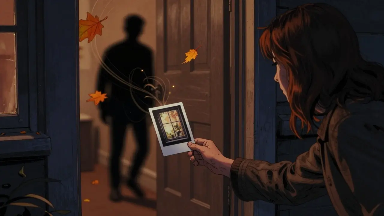 Žena klade fotku na práh sousedova bytu v noci, dveře jsou trochu otevřené, listí se vrtí kolem.