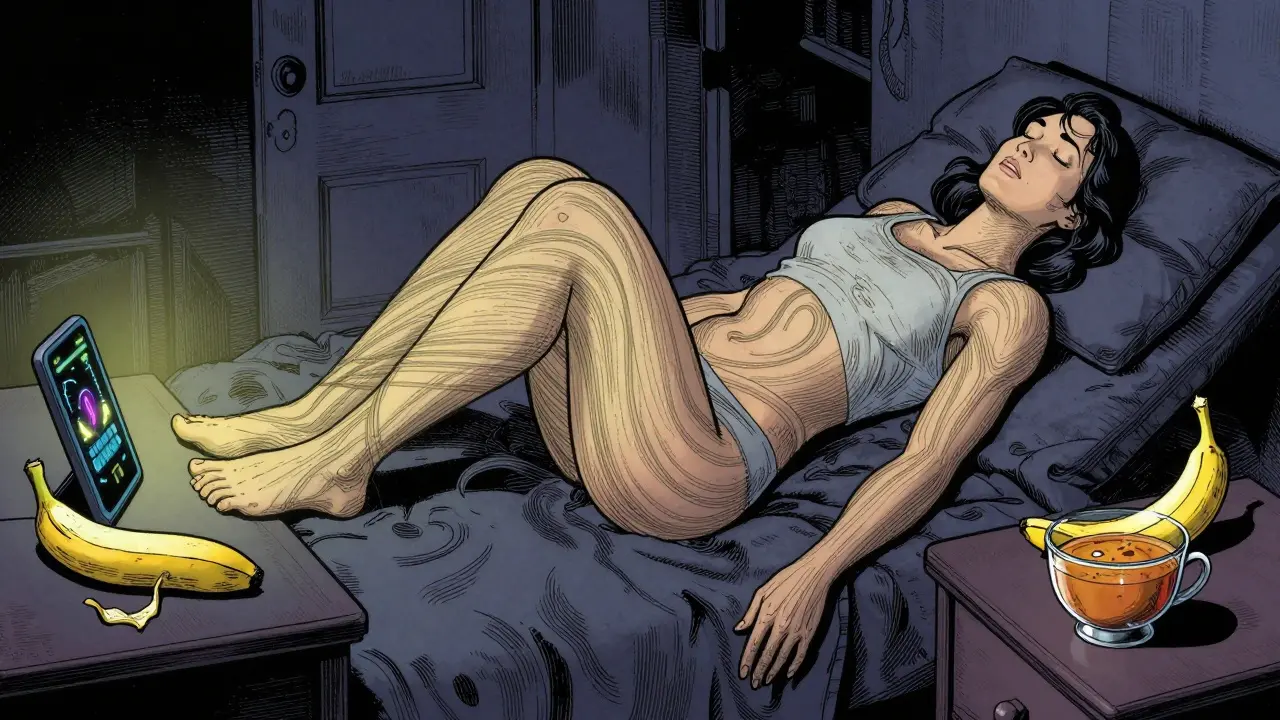 Žena se uvolňuje v temné místnosti, její tělo se mění z napětí do klidu, vedle ní leží lehký večerní jídlo.