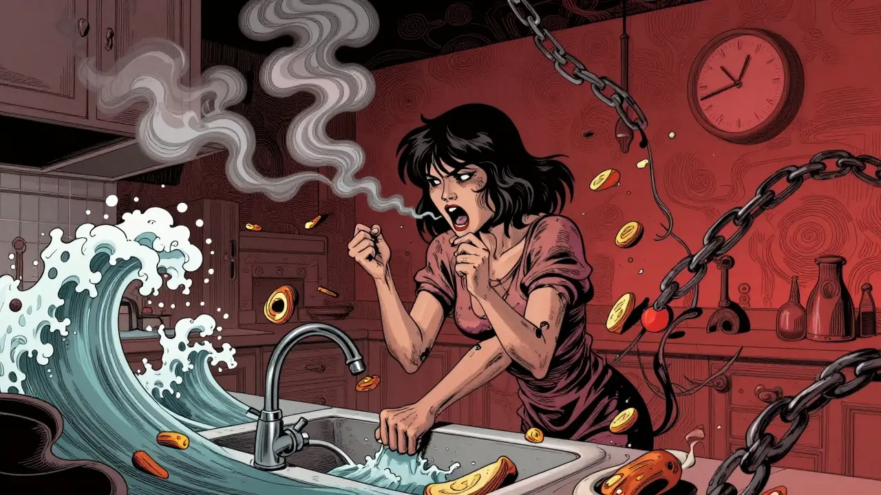 Žena v kuchyni během záchvatu přejídání, okolo ní se vznášejí spirály zvracení a hodiny jdou pozpátku.