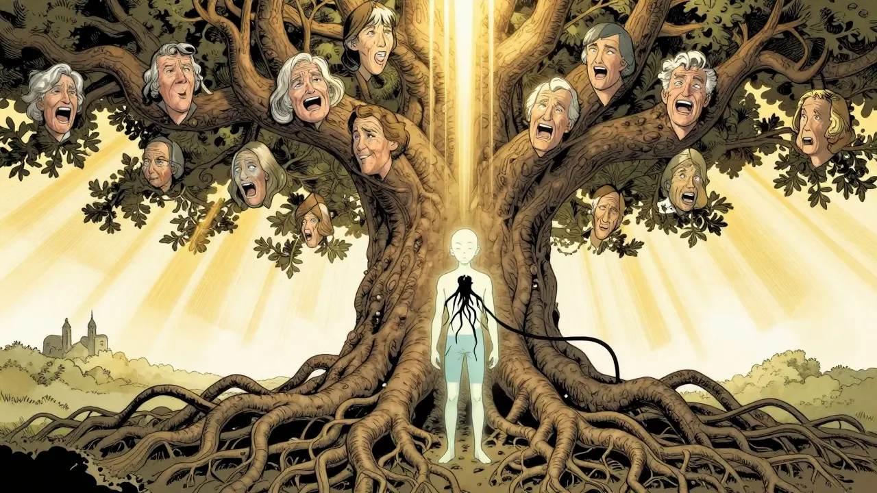 Živý rodokmen jako kořenový systém s obličeji předků, mladý člověk je přivázan k temným nitkám.