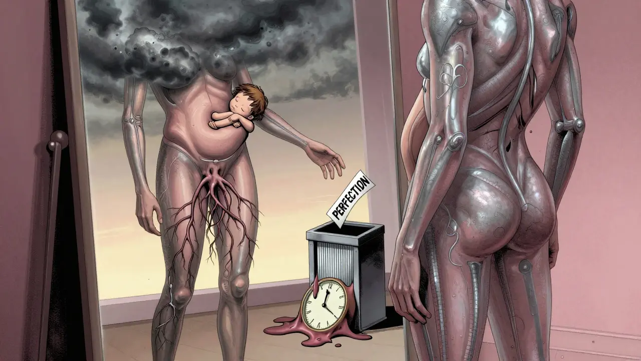 Zrcadlo ukazuje tělo jako ekosystém se spícím dítětem v hrudi, surrealní výkres v moebiusově stylu.