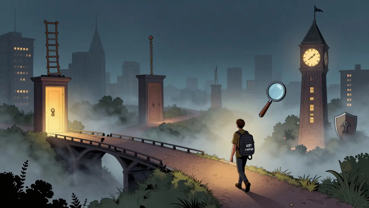 Cesta přes symbolické překážky ADHD s nástroji pro léčbu v batohu.