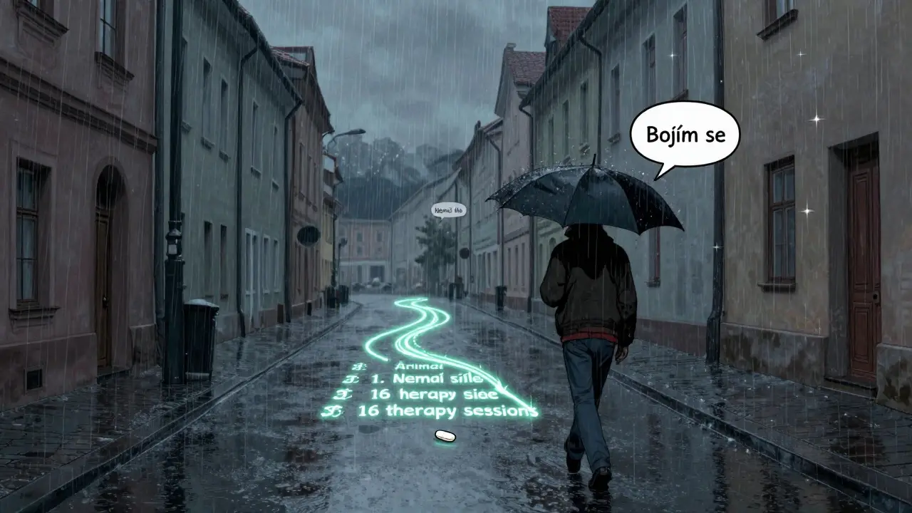 Člověk kráčí dešťovou ulicí, kapky deště jsou myšlenky, za ním svítí cesta terapie a léku ve tmě města.