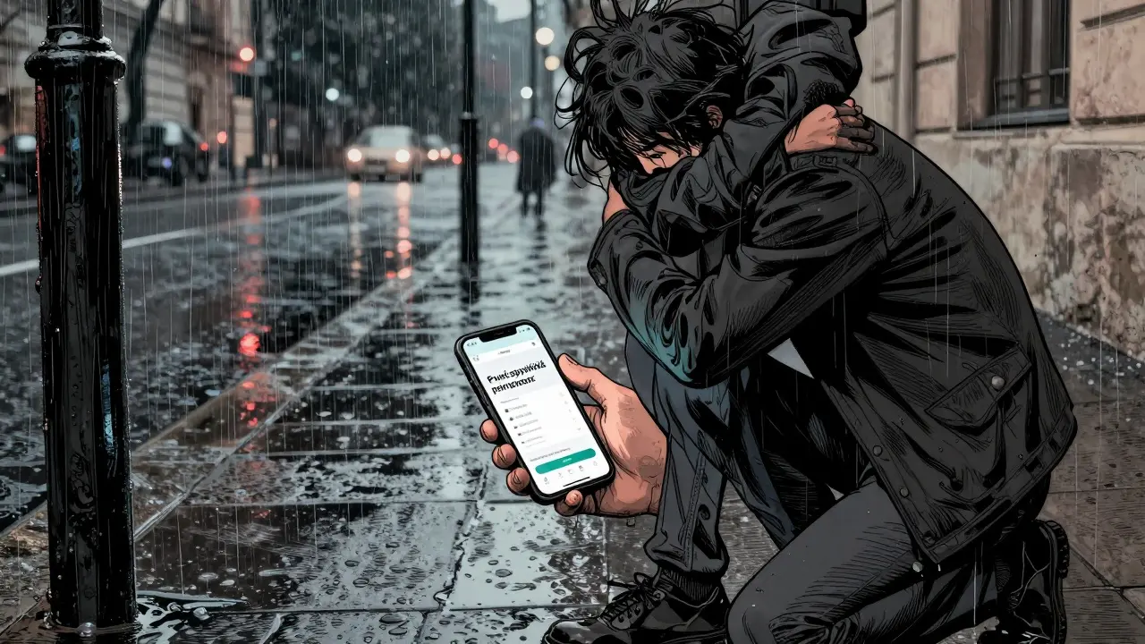 Člověk na pražské ulici v dešti, kdo si sedá k někomu v krizi s mobilní aplikací.