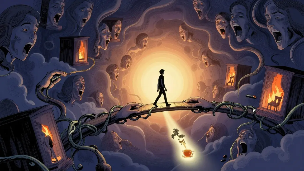 Člověk přechází mostem z rukou a větví, kde každý krok mění vzpomínky na místa bezpečí.