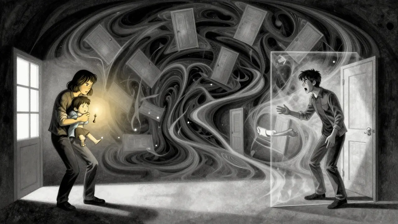 Dva lidé v konfliktu, jejich vnější vzteky se mění v zranitelné vnitřní obrazy dětí a osamělých postav.