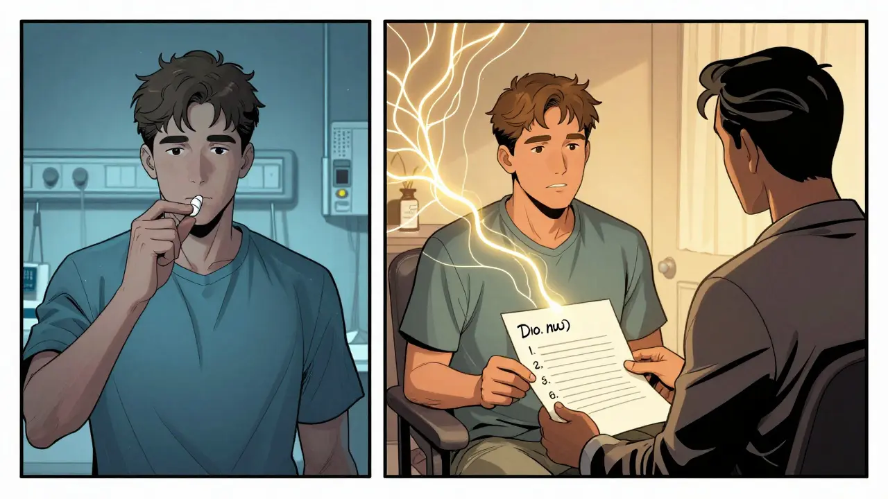 Dvě části scény: lék a terapeut spolu pomáhají zvládnout ADHD.