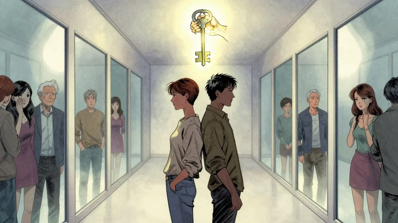 Dvojice v chodbě s zrcadly, která zobrazují různé verze sebe, nad nimi klíč tvaru spojených rukou.