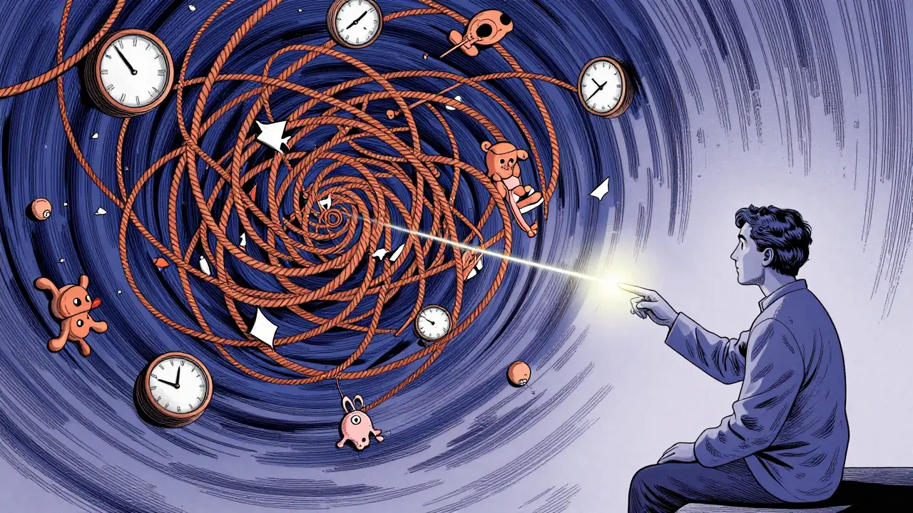 Emoční vzory v podobě provazů a hraček se vznášejí nad klientem, zatímco terapeut ukazuje na zářící nit.