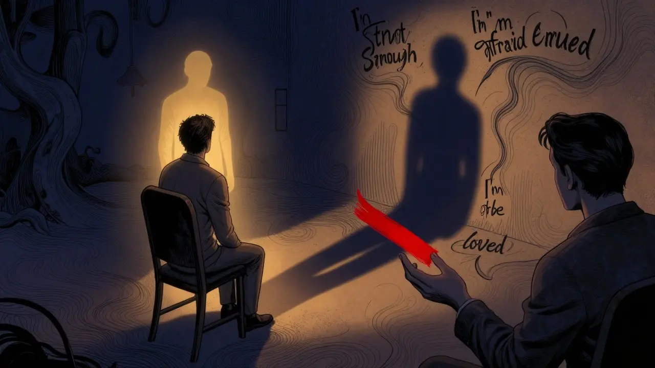 Klient promluví s prázdným židli, jeho stín vyjadřuje skryté emoce, terapeut se dotýká jeho pocity červenou čarou.