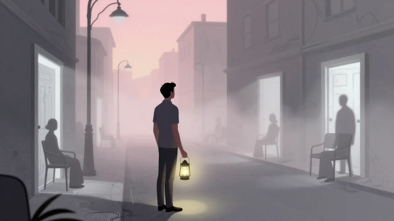 Klient stojí v klidném městě na ranním světle, drží lucernu, terapeut se mění v mlhu.