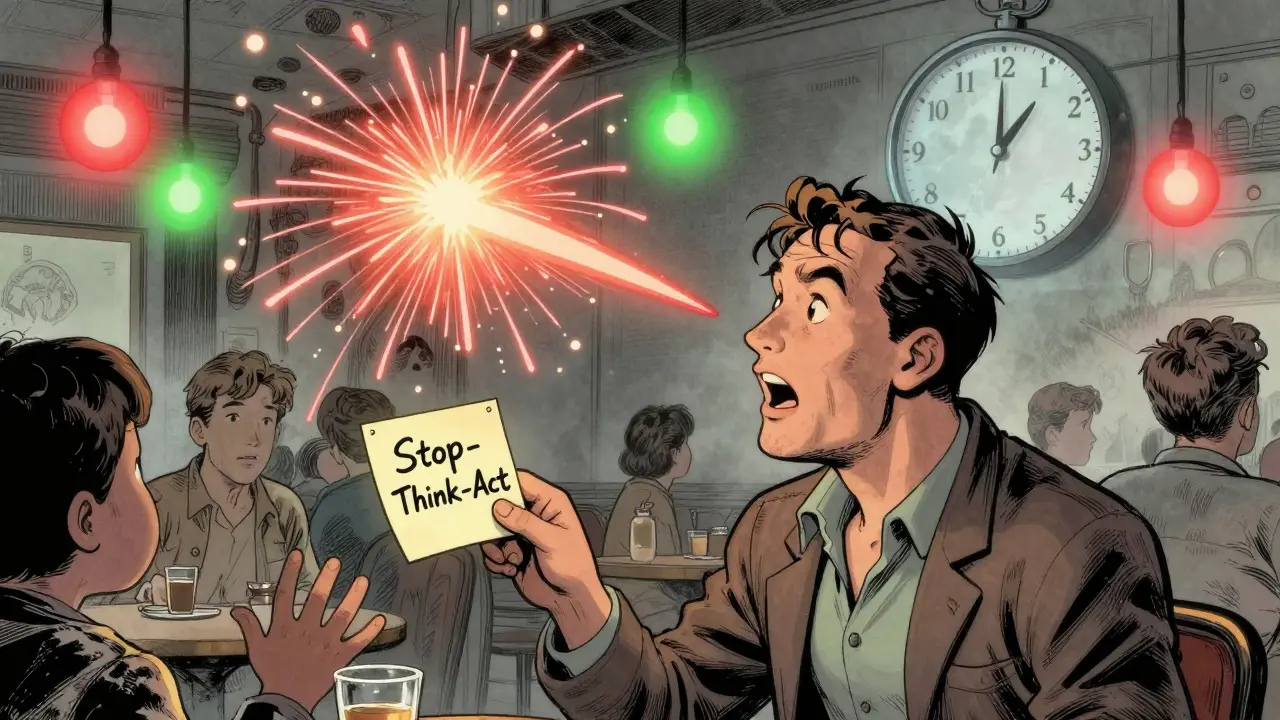 Muž v kavárně přerušující hovor, zatímco se nad ním objevuje nápověda 'Zastav-Přemýšlej-Dej'.