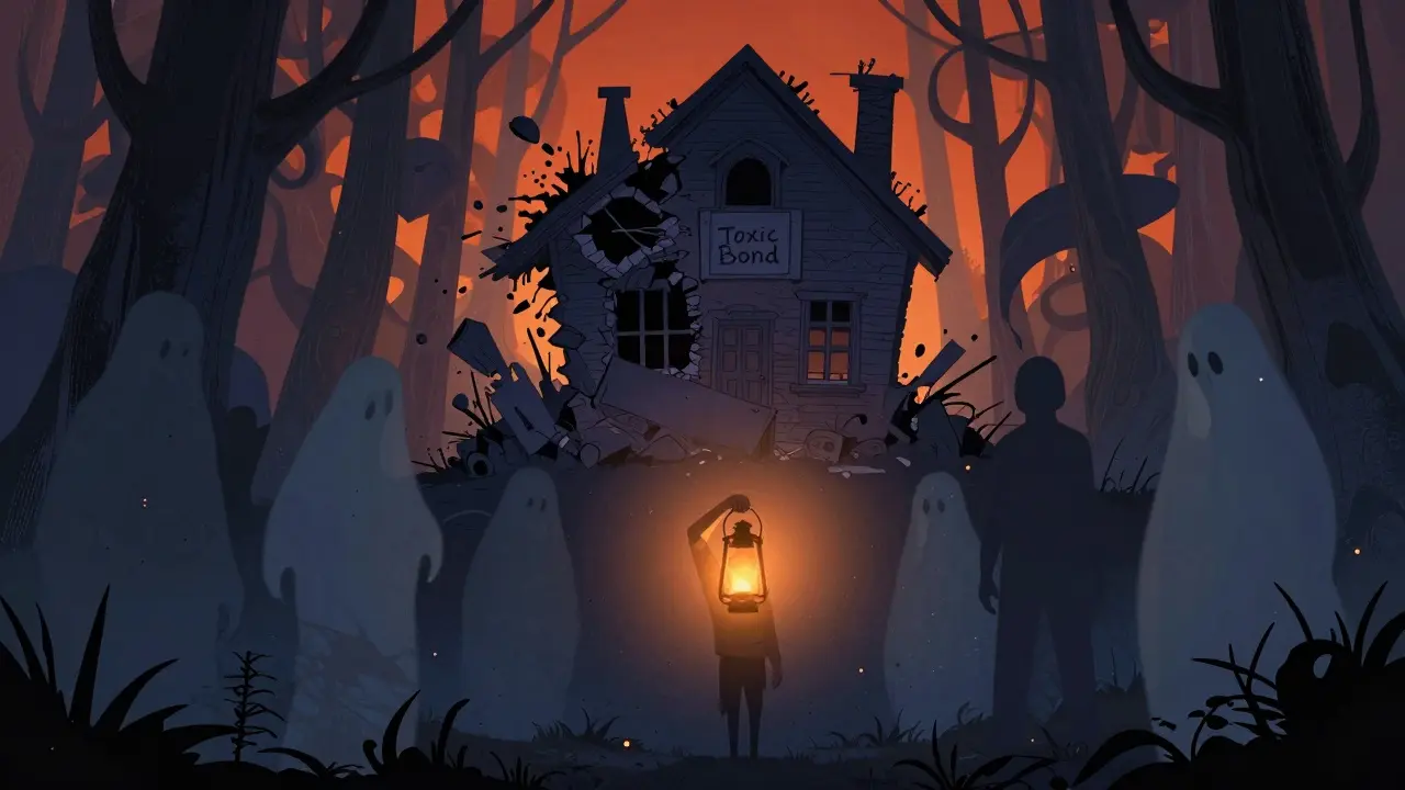 Osoba drží světlo v temném lese, toxický vztah se mění v popel.