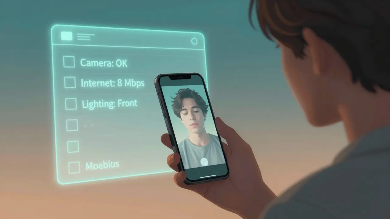 Osoba drží telefon, vedle ní průhledný zastavený videovýzov, v pozadí hoverující kontrolní seznam technických bodů.