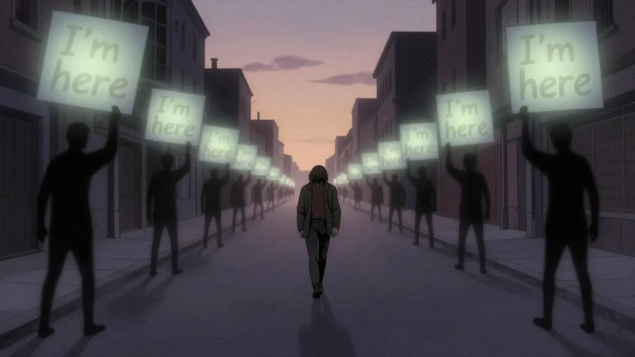 Osoba jde ulicí, za ní se objevují zářivé zprávy 'Jsem tady'.