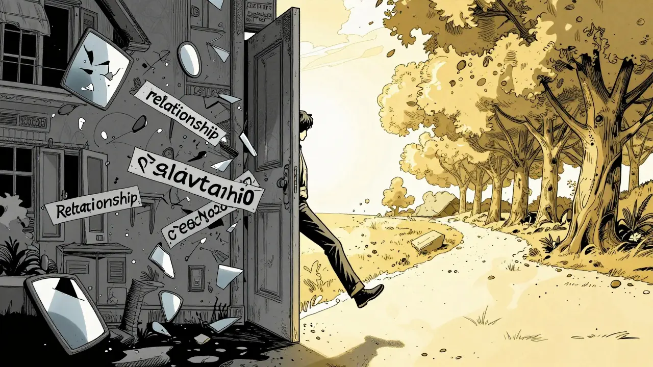 Osoba kročí z ničivého vztahu do osvětlené cesty, domov za ní se řítí.