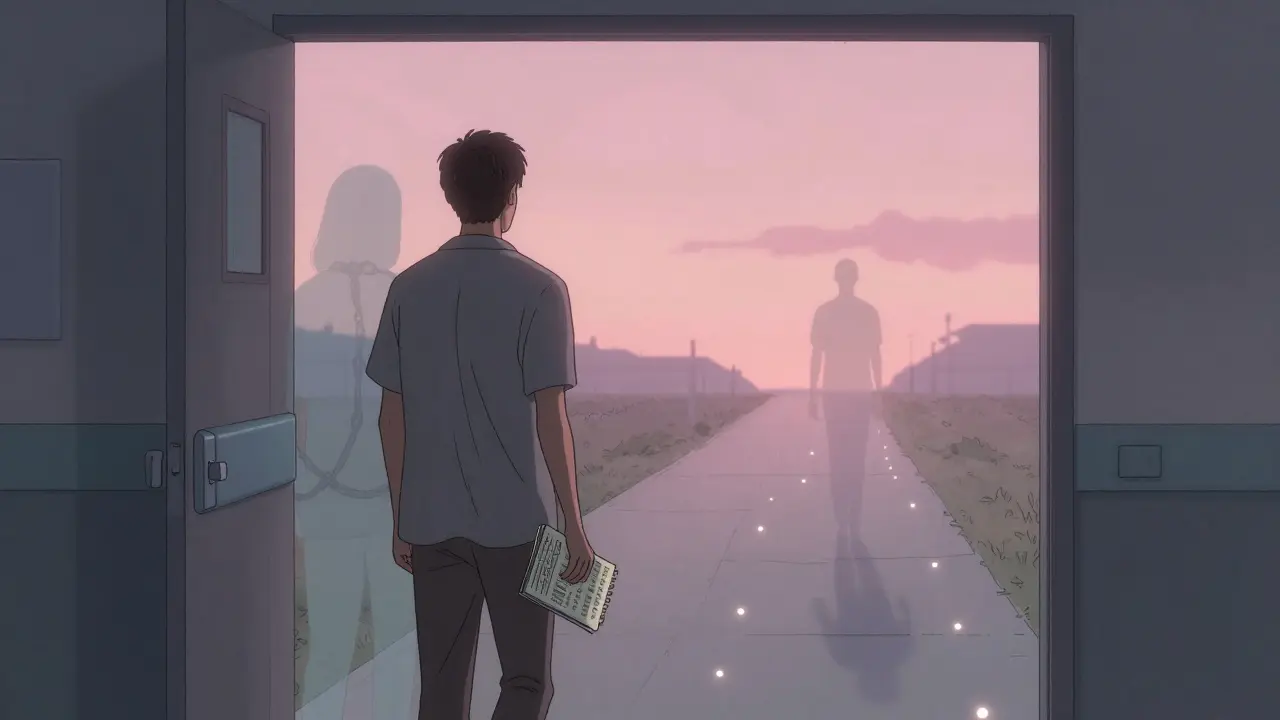 Osoba opouští nemocnici v ranním světle, drží poznámky, za ní stíny minulosti.