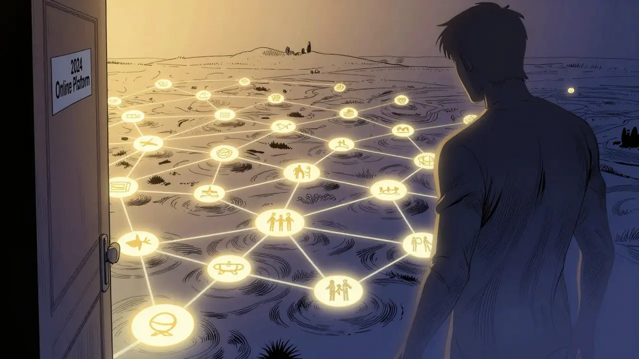 Osoba otevírá dveře k online platformě, kde se myšlenky proměňují v jasné cesty.