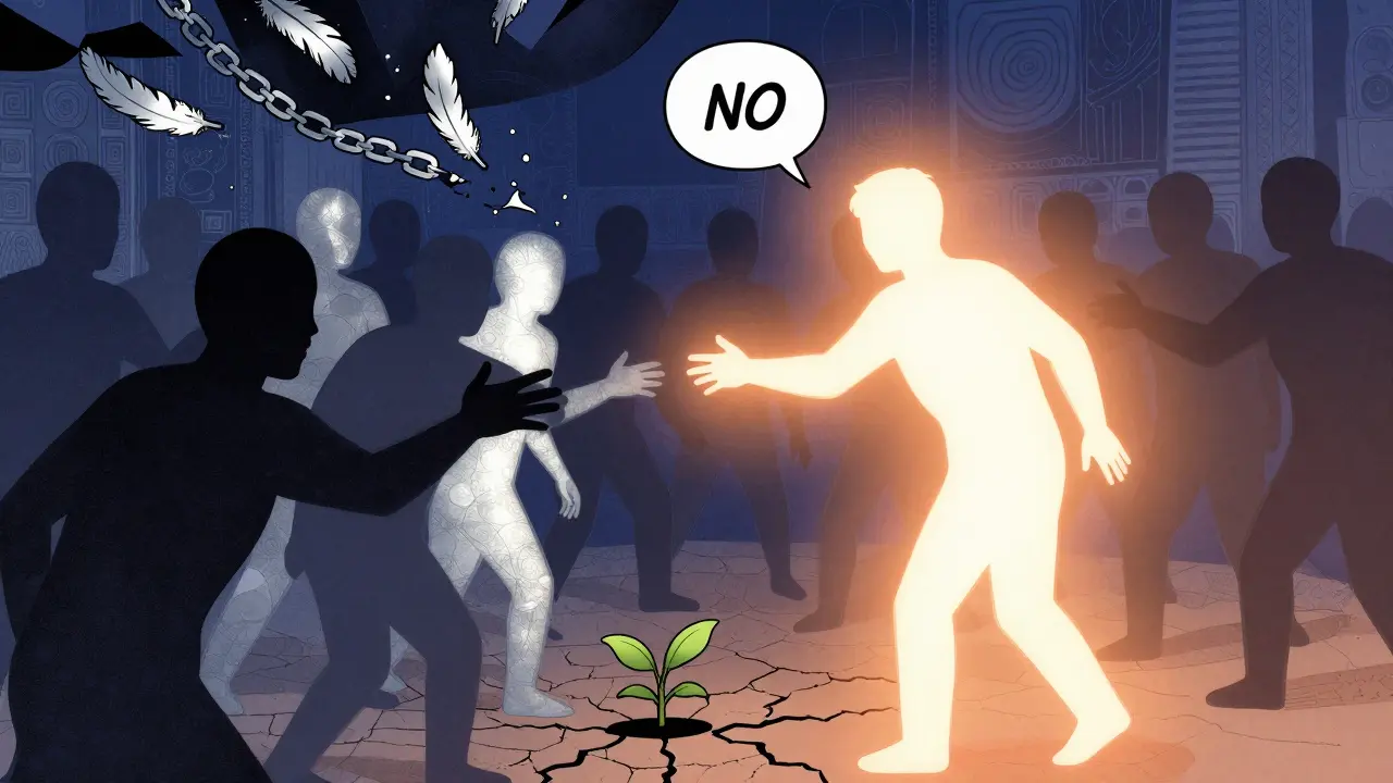 Osoba říká 'ne' stínu, zatímco její tělo získává světlo a řetězec se mění v peří.