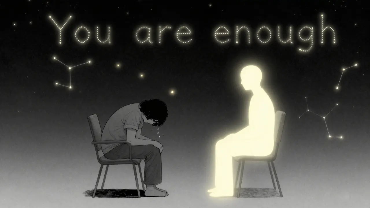 Osoba sedí v prázdném vesmíru, terapeut ji jen přítomně doprovází, slzy se vznášejí jako světélka v temnotě.