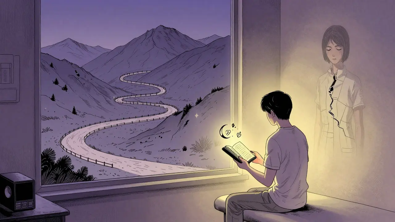 Osoba v terapii drží deník, nad ním malé symboly pokroku, za oknem cesta do hor se vrací.