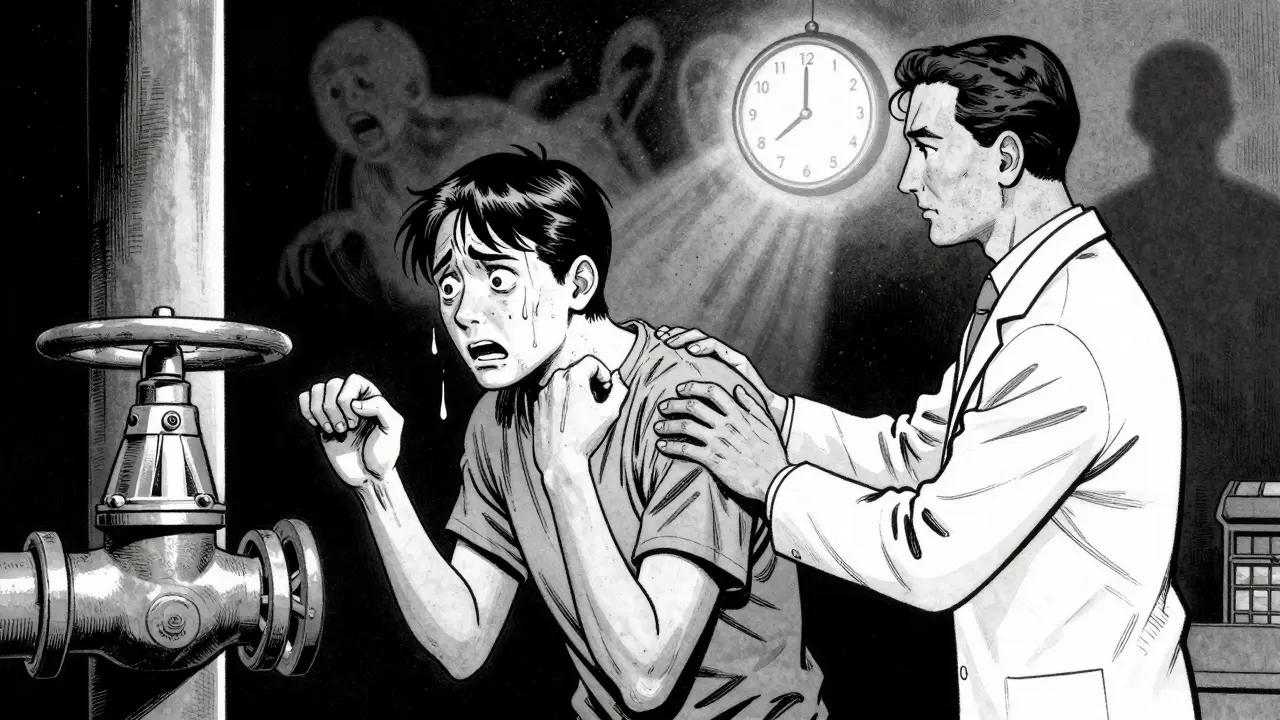 Osoba v terapii OCD stojí před otevřeným plynovým kohoutem, terapeut ji podporuje.